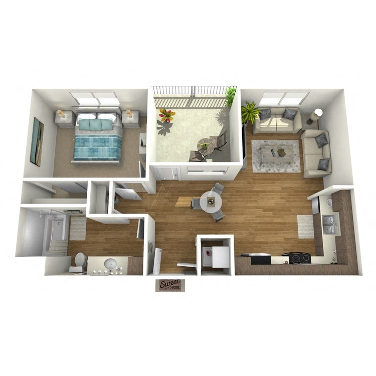 Floor plan for 1 bed, 1 bath, 721 sqft